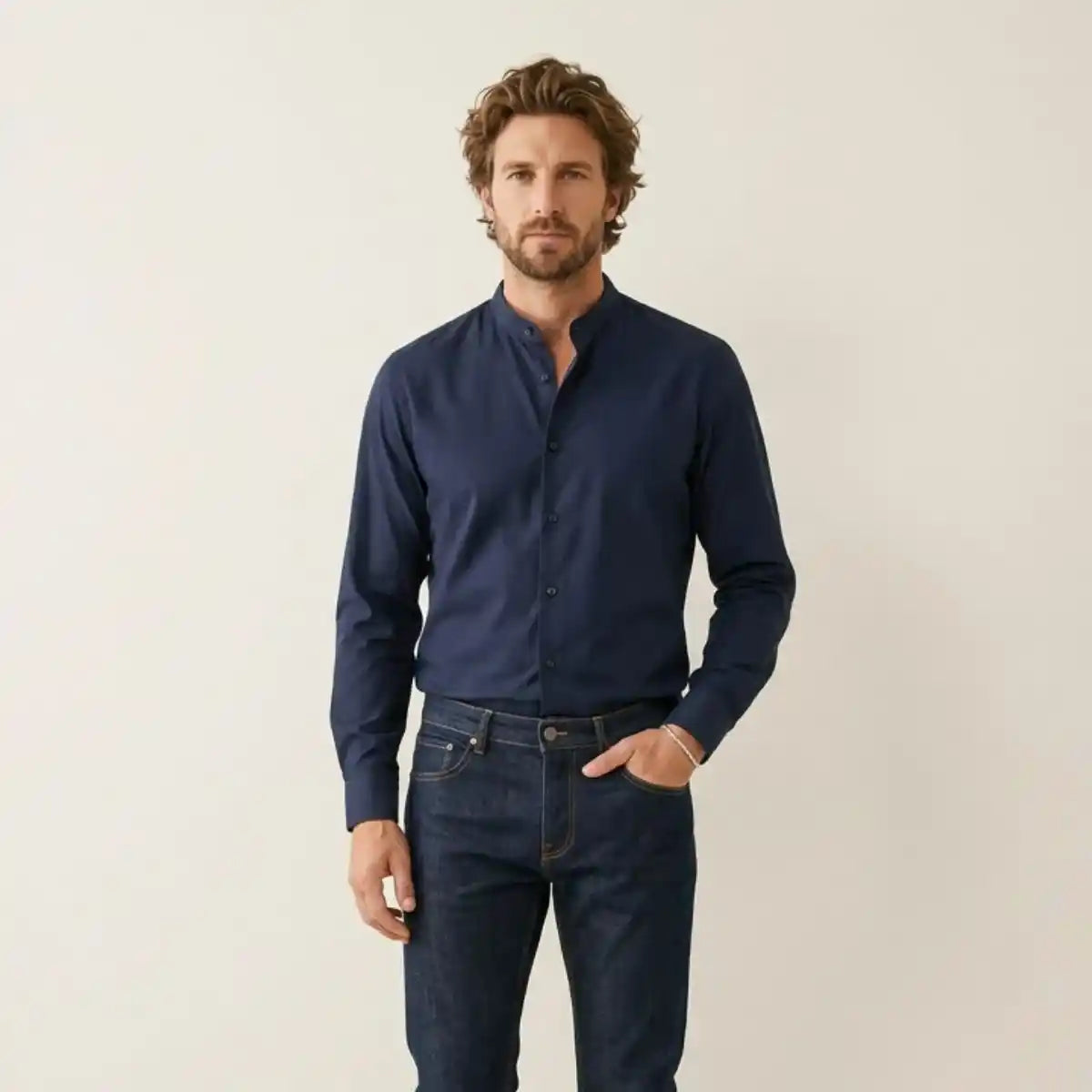 Chemise française Homme | Col Mao | Bleu Marine