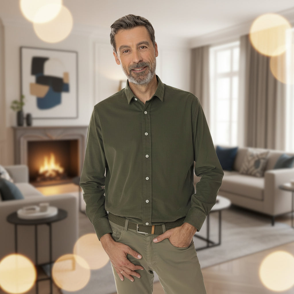 Chemise velours homme Kaki à manche longue