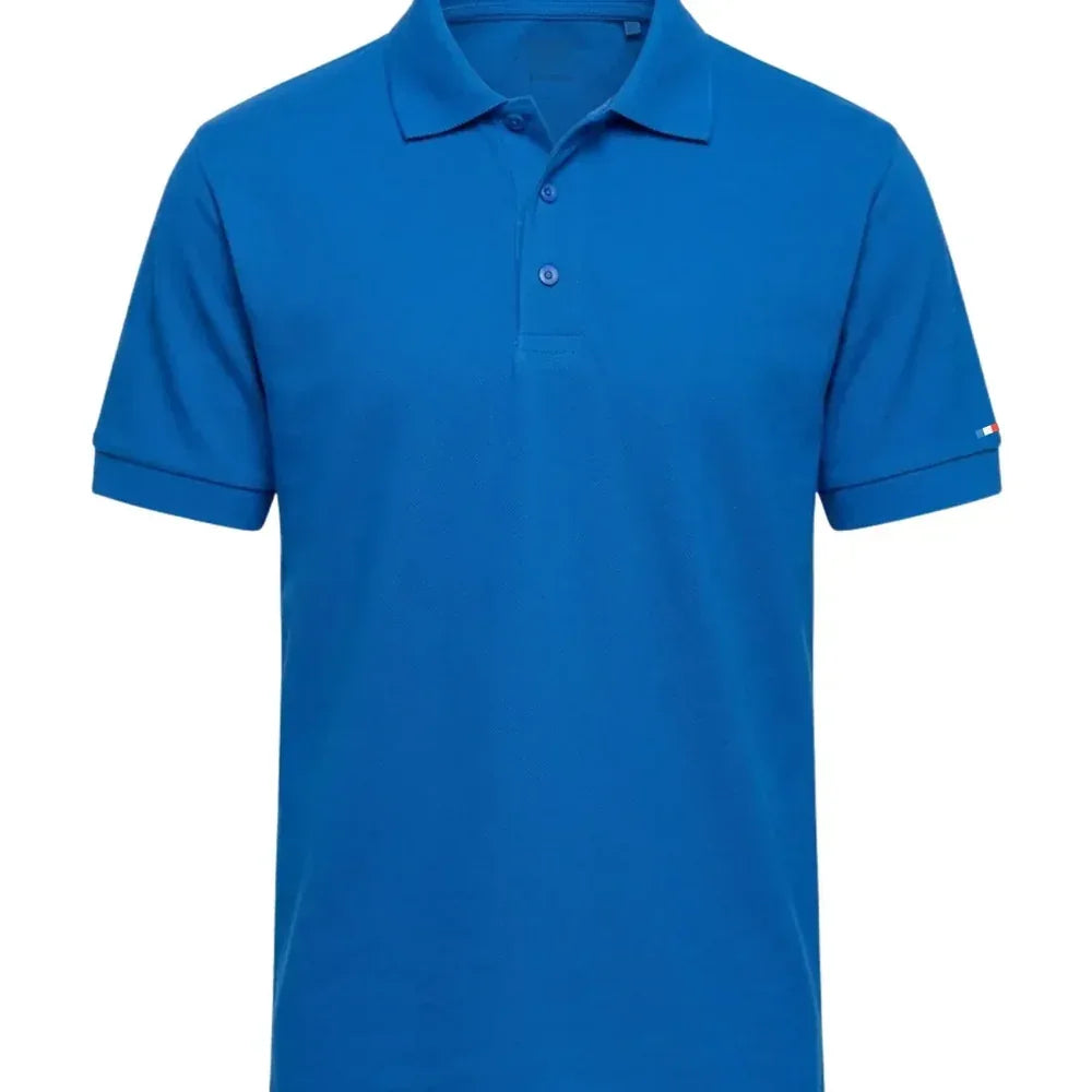 Polo homme bleu roi en coton bio, maille piquée, drapeau tricolore sur la manche