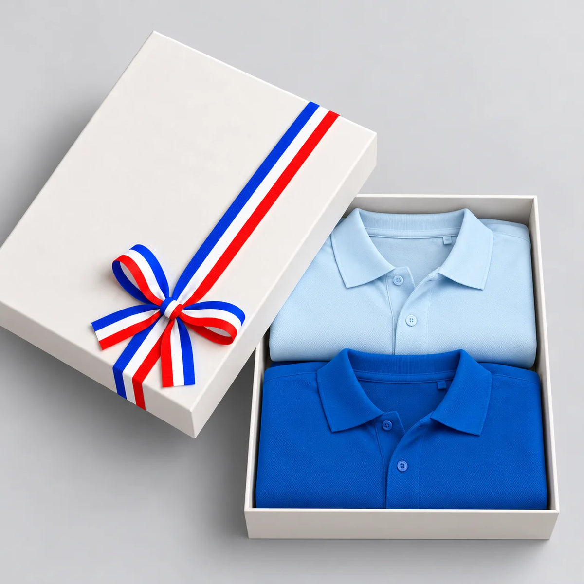 Coffret cadeau ouvert avec 2 polos homme en coton bio, bleu ciel et bleu roi, couvercle à ruban tricolore