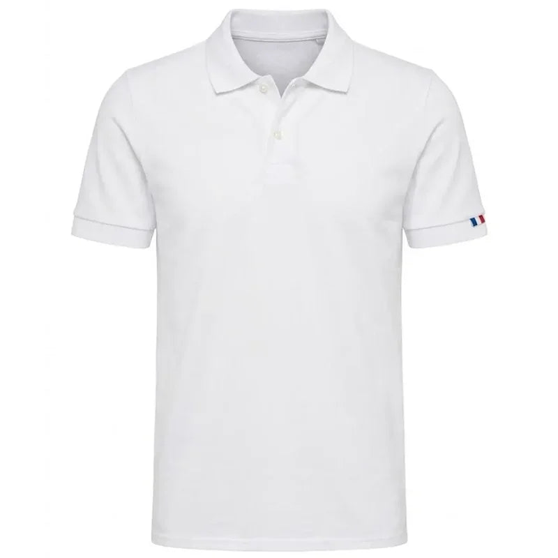 Polo homme blanc en coton bio, maille piquée, drapeau tricolore sur la manche