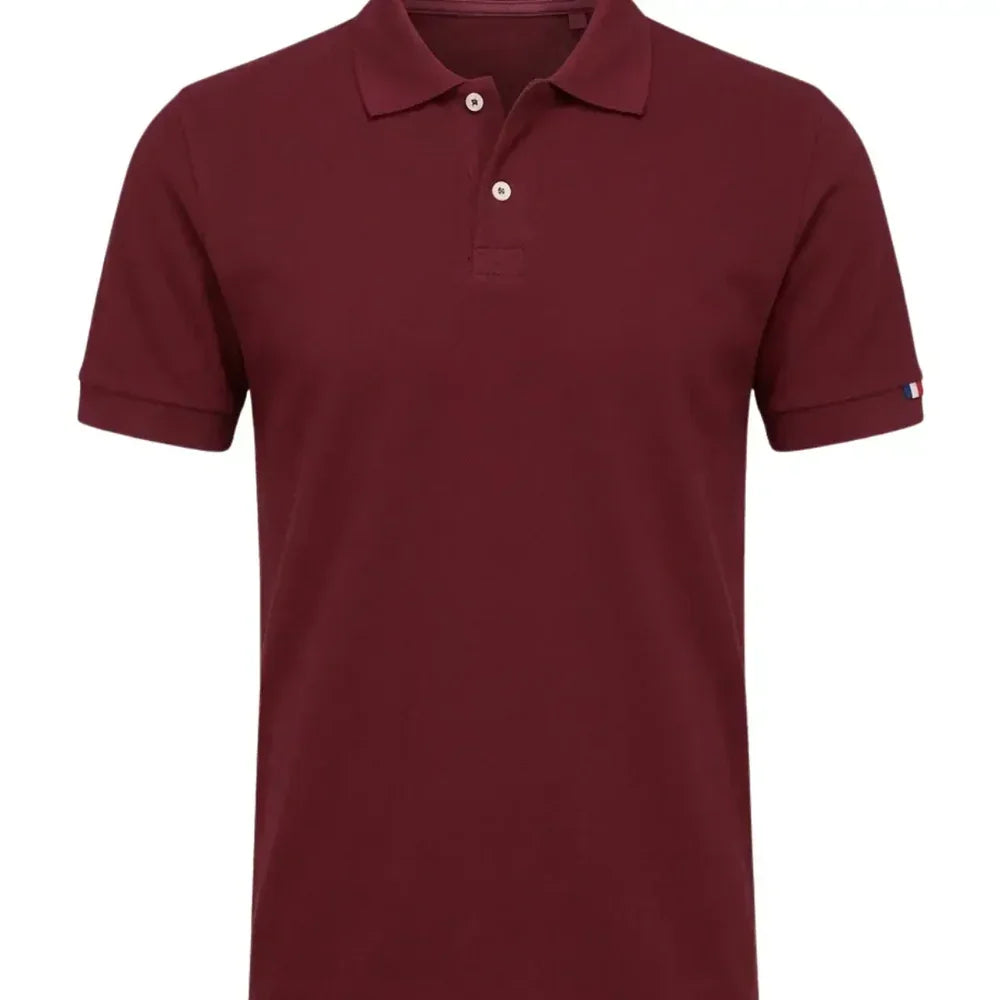 Polo homme bordeaux en coton bio, maille piquée, drapeau tricolore sur la manche