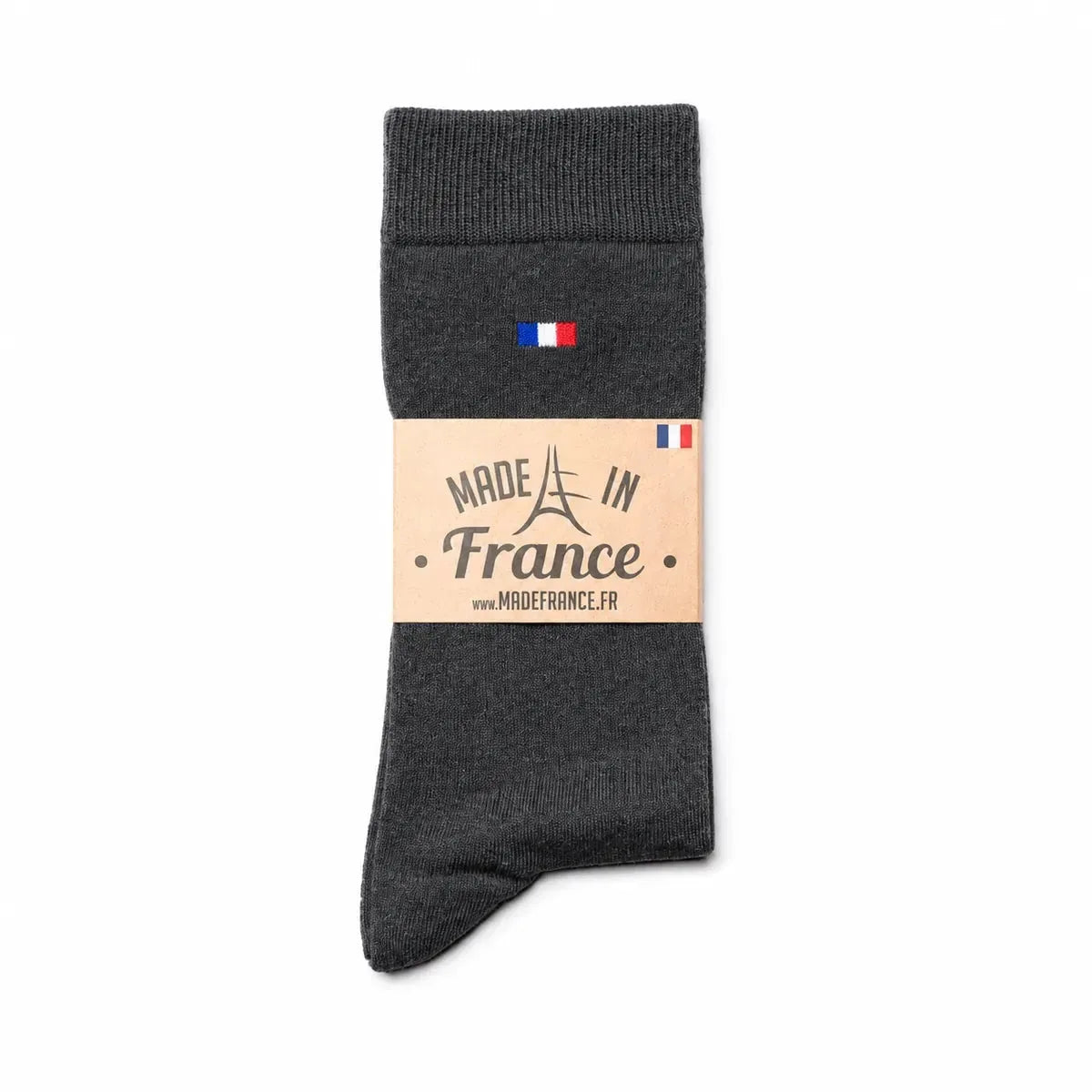 Chaussette gris anthracite pliée avec son bandeau Made in France