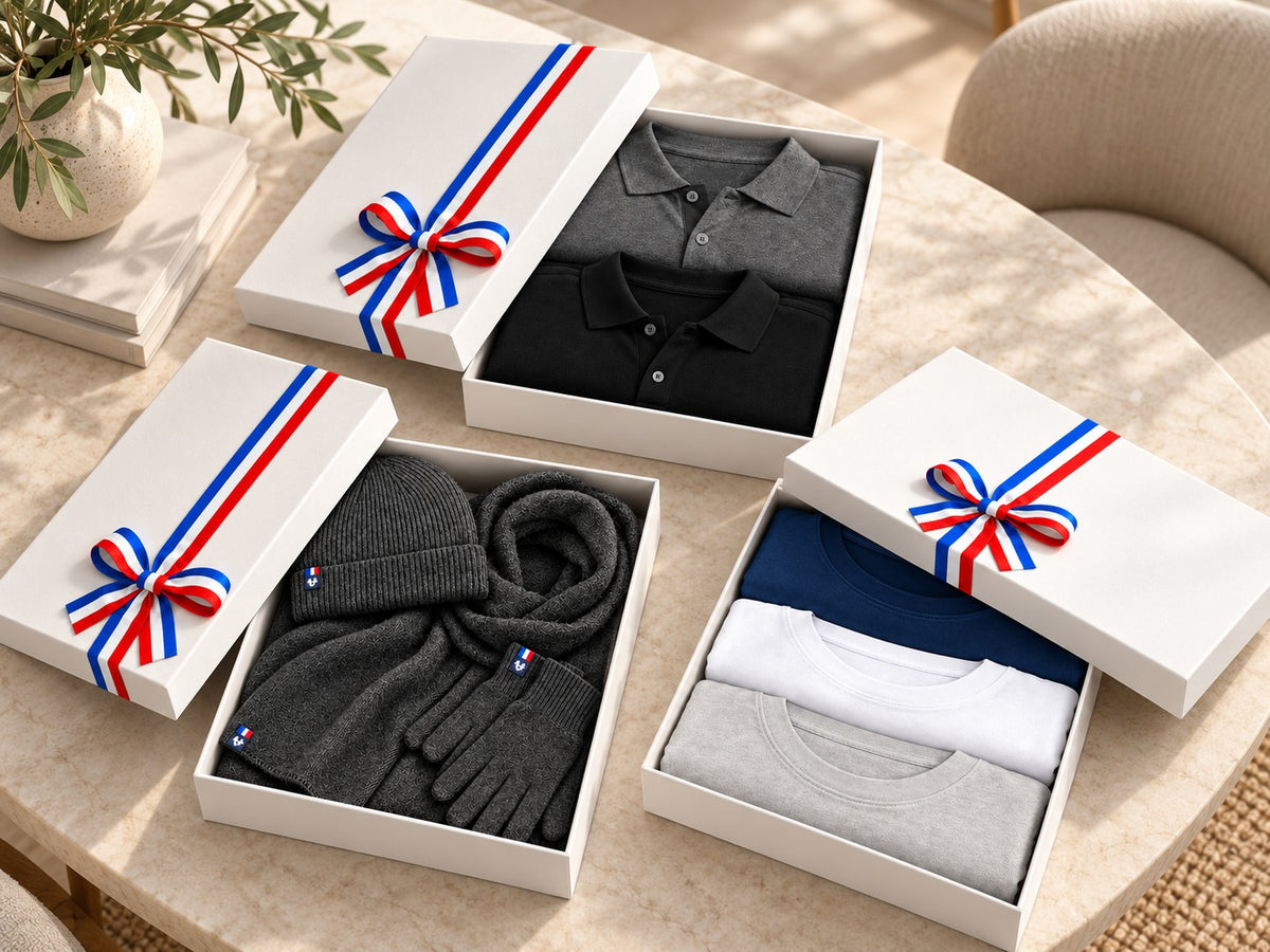 Coffrets cadeaux Made France ouverts : polos, bonnet, écharpe et gants en mérinos, t-shirts, avec ruban tricolore