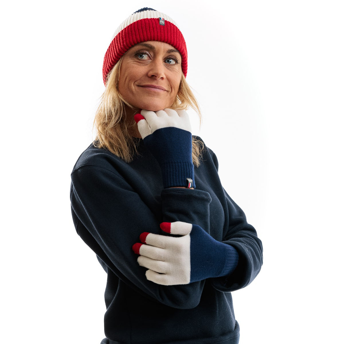 bonnet et gants pour femme en bleu blanc rouge