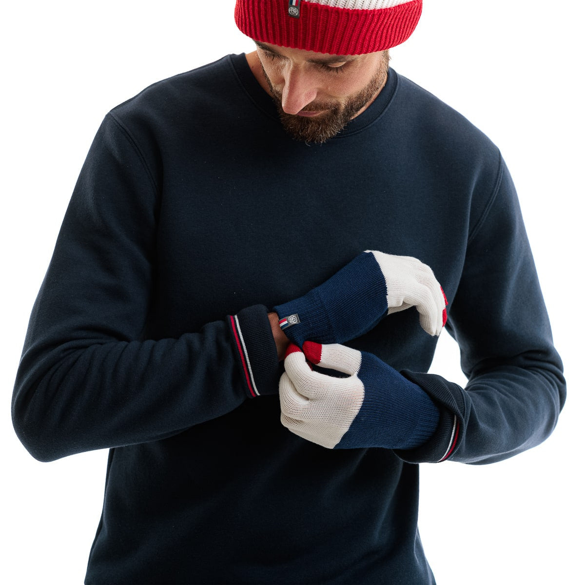 gants et bonnet homme bleu blanc rouge