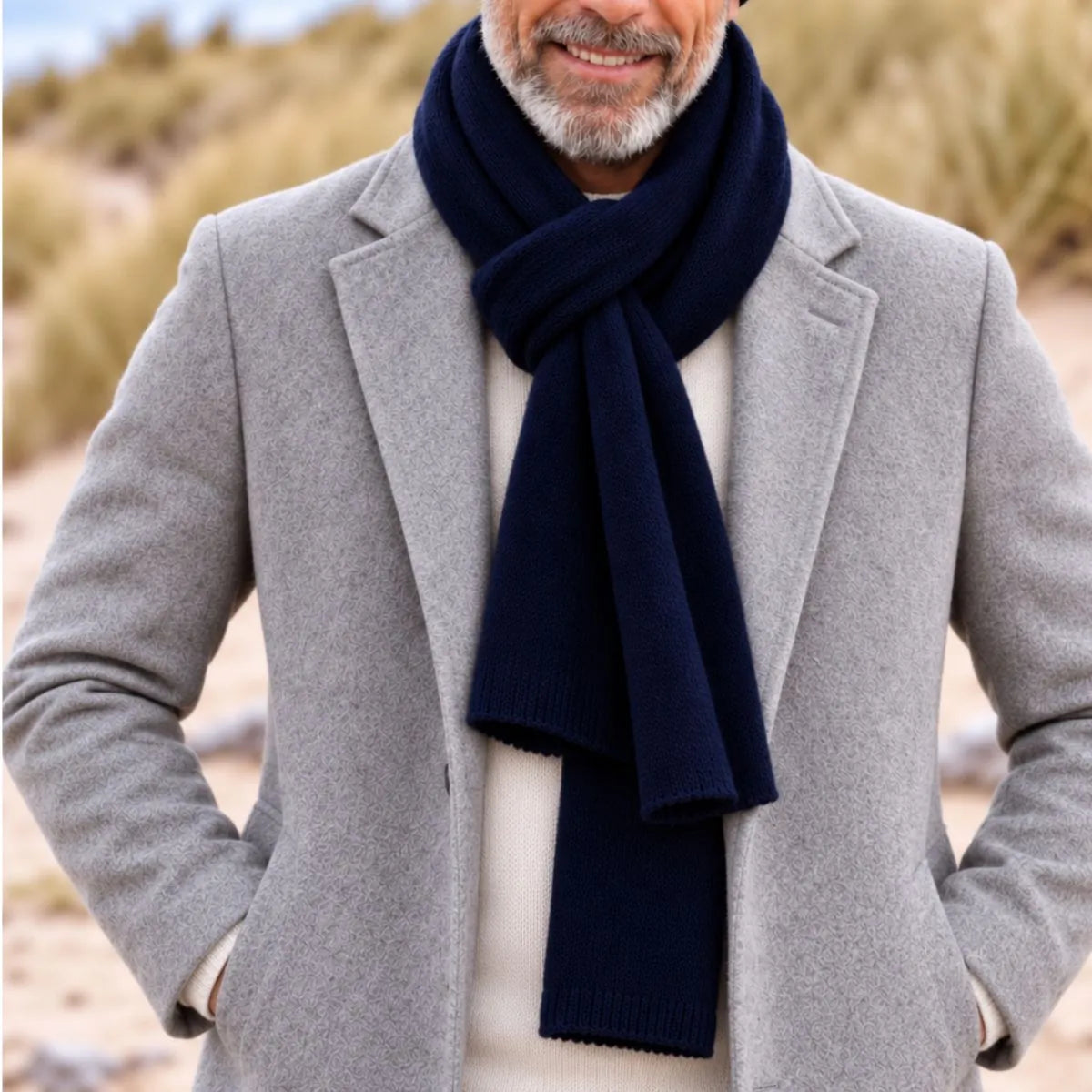 Homme en manteau gris portant l'écharpe en cachemire bleu marine nouée sur un pull crème