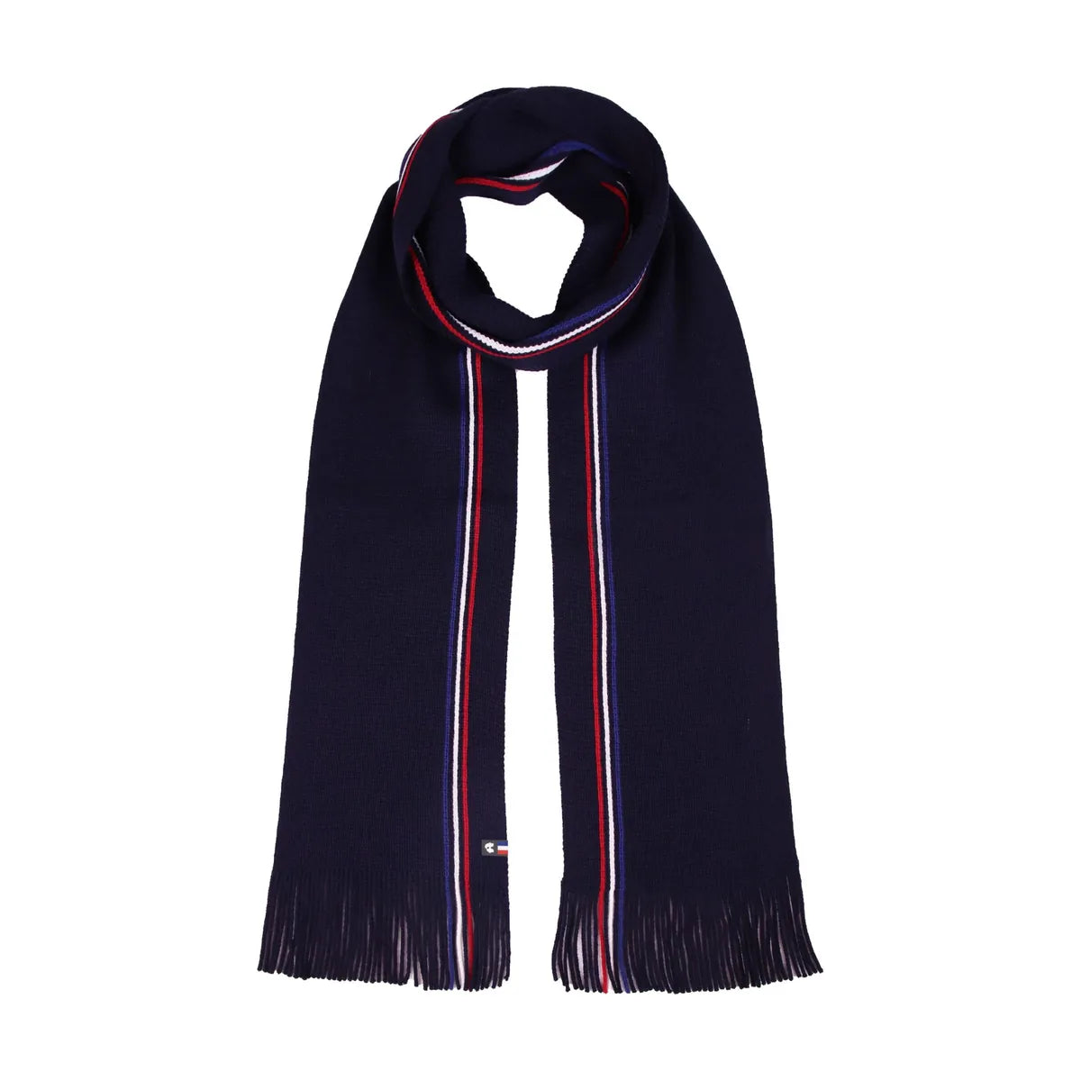 Écharpe homme bleu marine à fines rayures bleu, blanc, rouge et franges, posée à plat