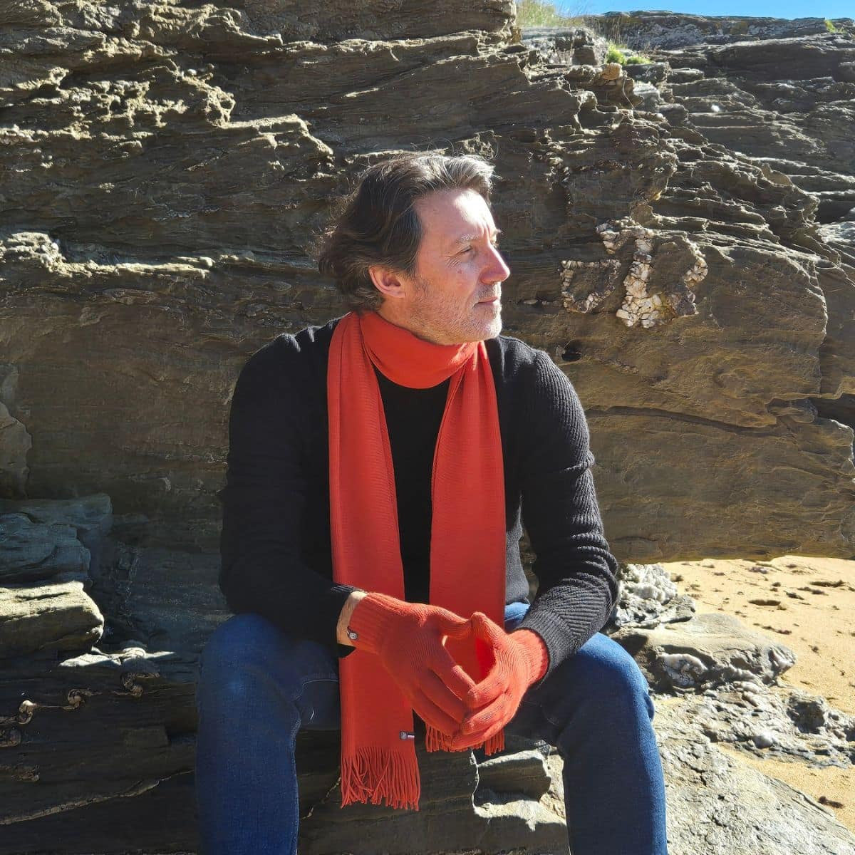 Echarpe Laine homme orange avec franges
