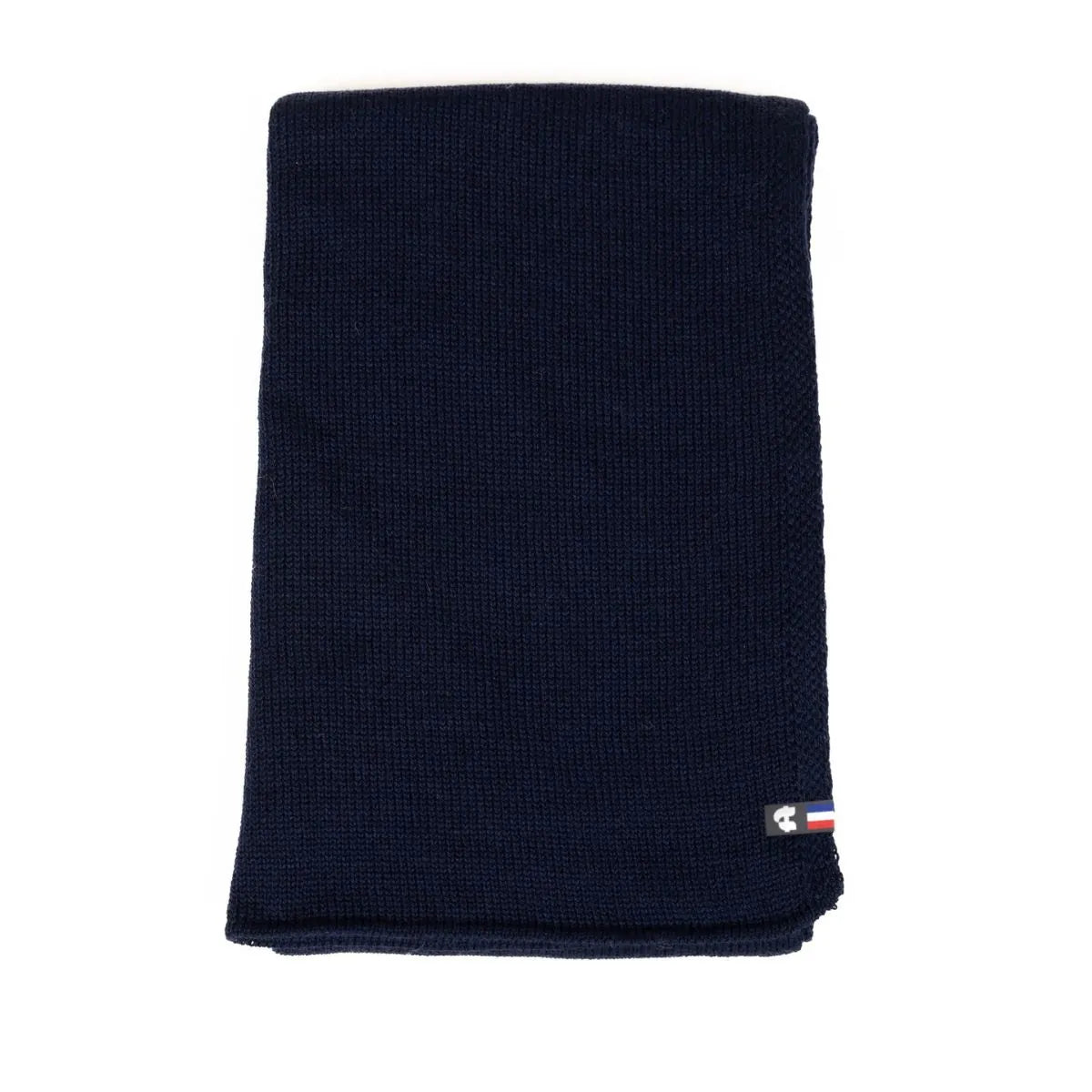 Écharpe femme en laine mérinos bleu marine pliée à plat, maille jersey
