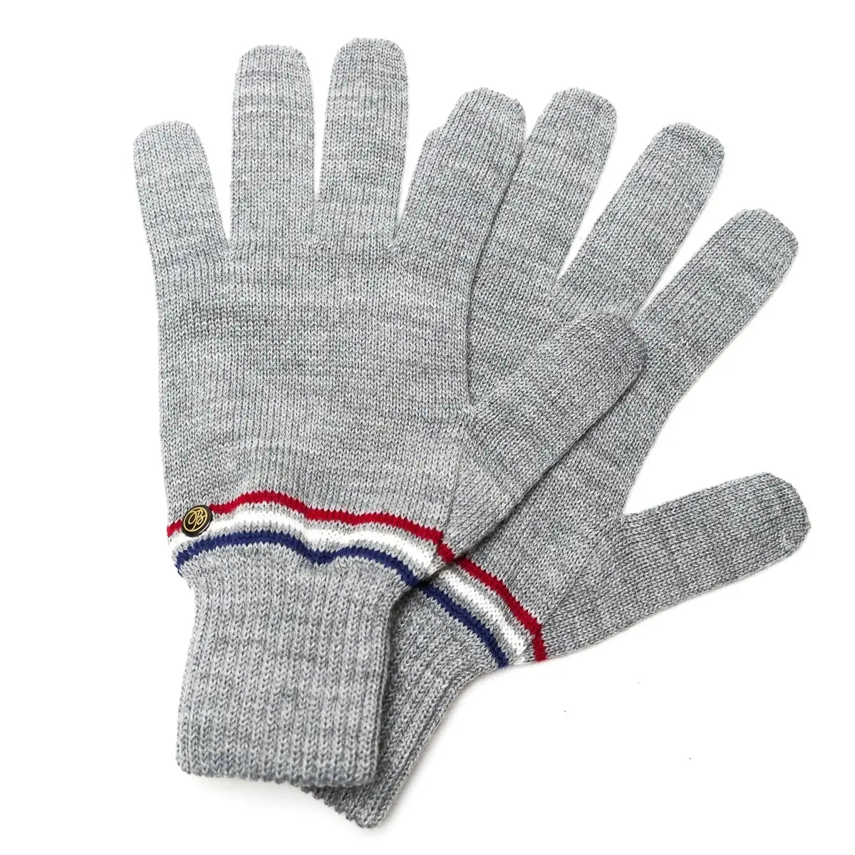 Paire de gants d'hiver homme gris chiné, poignet côtelé à liseré bleu, blanc, rouge, posée à plat – fabriqués en France