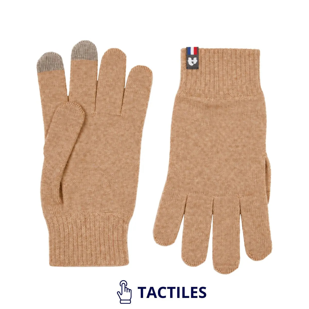 Paire de gants tactiles femme en laine mérinos camel posée à plat