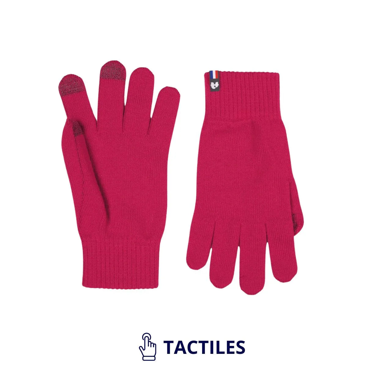 Paire de gants tactiles femme en laine mérinos fuchsia posée à plat