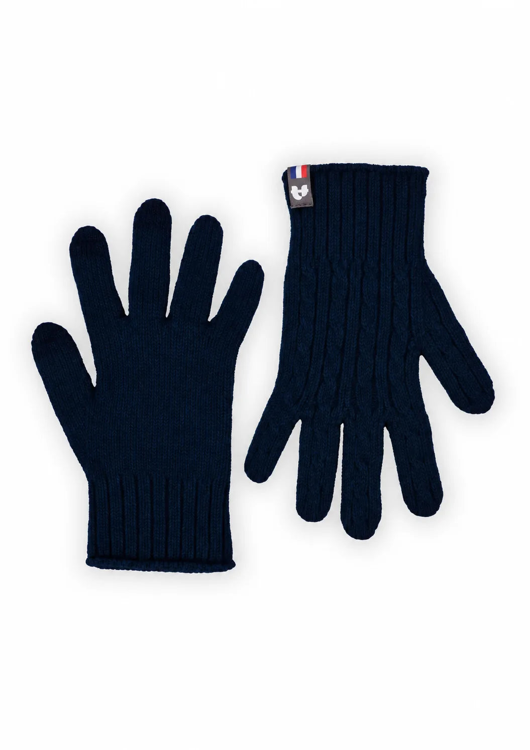 Paire de gants torsadés femme bleu marine en laine mérinos, paume lisse et dos à torsades