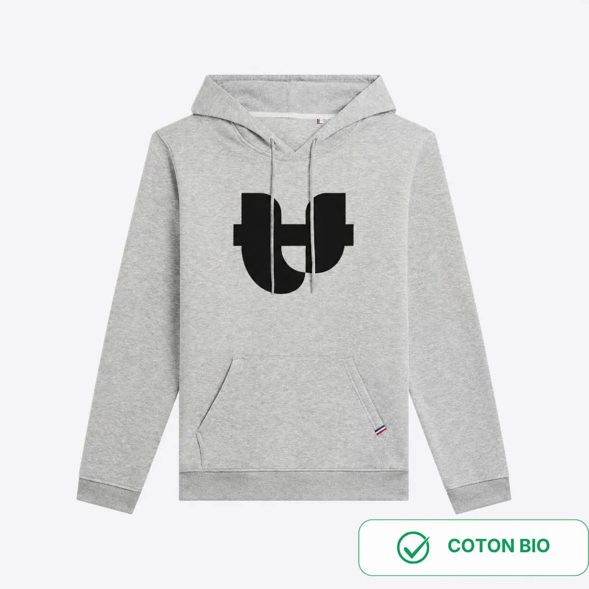 hoodie gris clair made in France en coton bio disponible taille S, M, L, XL, XXL