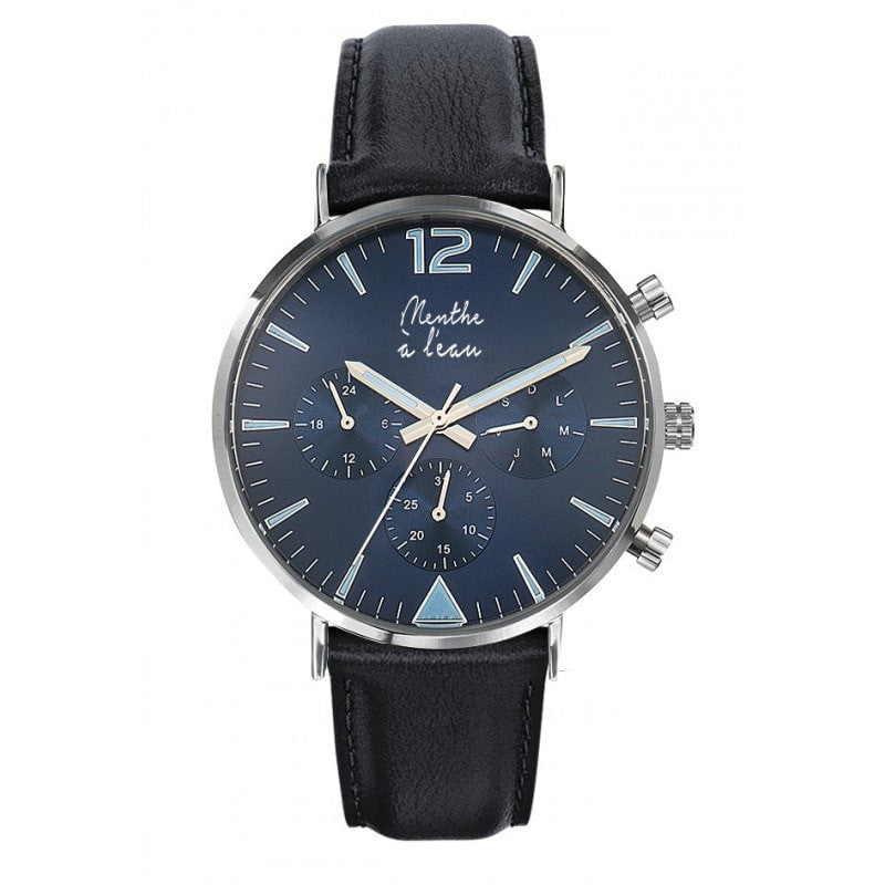 Montre bracelet cuir homme en Noir fond bleu