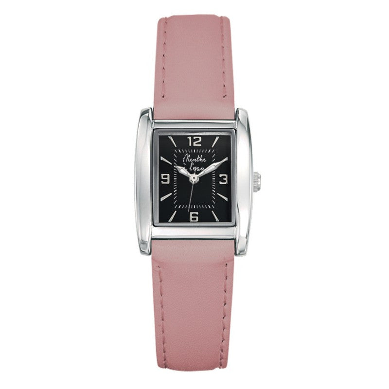 Montre La Rectangle  bracelet cuir Rose Pastel fond noir