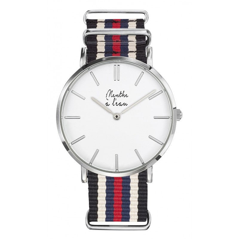 Montre pour homme chromée bracelet bleu et rouge