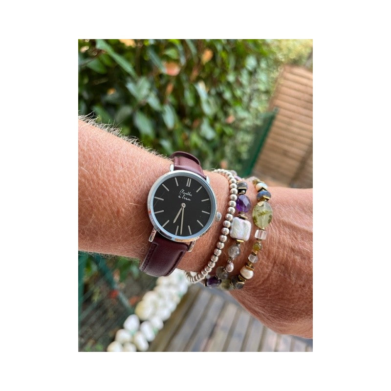 Montre La Véritable cuir bordeaux fond noir