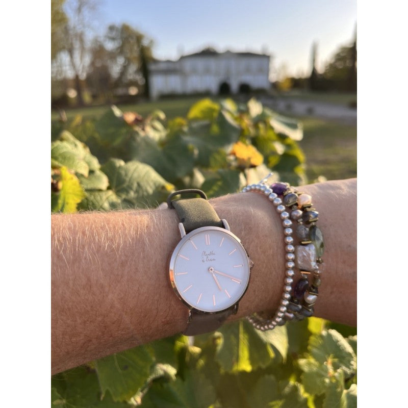 Montre La Véritable cuir kaki fond blanc acier doré rose