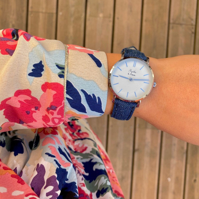 Montre La Véritable cuir jeans fond blanc chromé