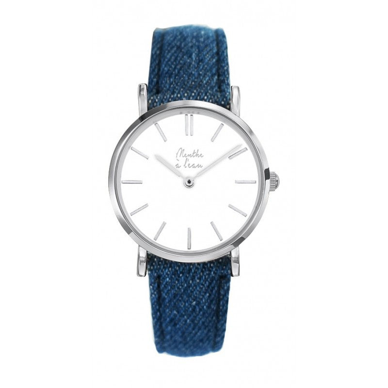 Montre La Véritable cuir jeans fond blanc chromé