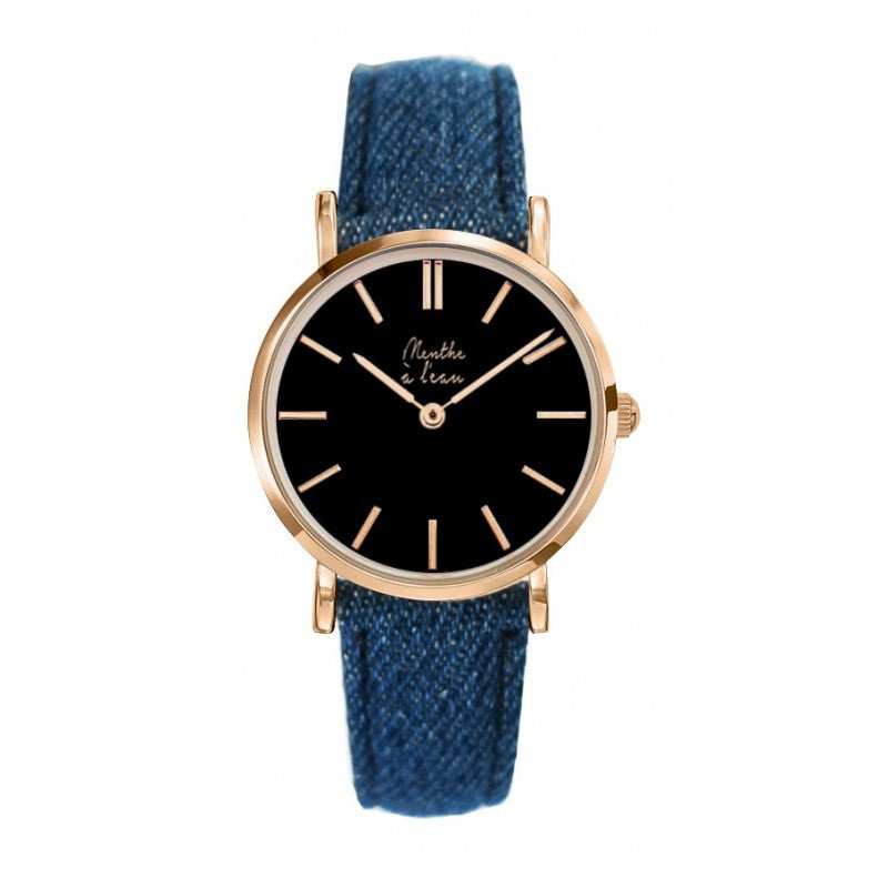 Montre La Véritable cuir jeans fond noir boitier métal brillant rose dorée