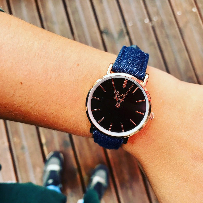 Montre La Véritable cuir jeans fond noir boitier métal brillant rose dorée