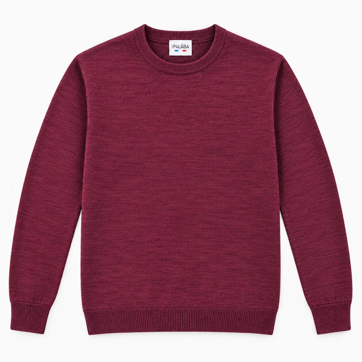 Pull bordeaux homme en laine mérinos à plat, vue de face