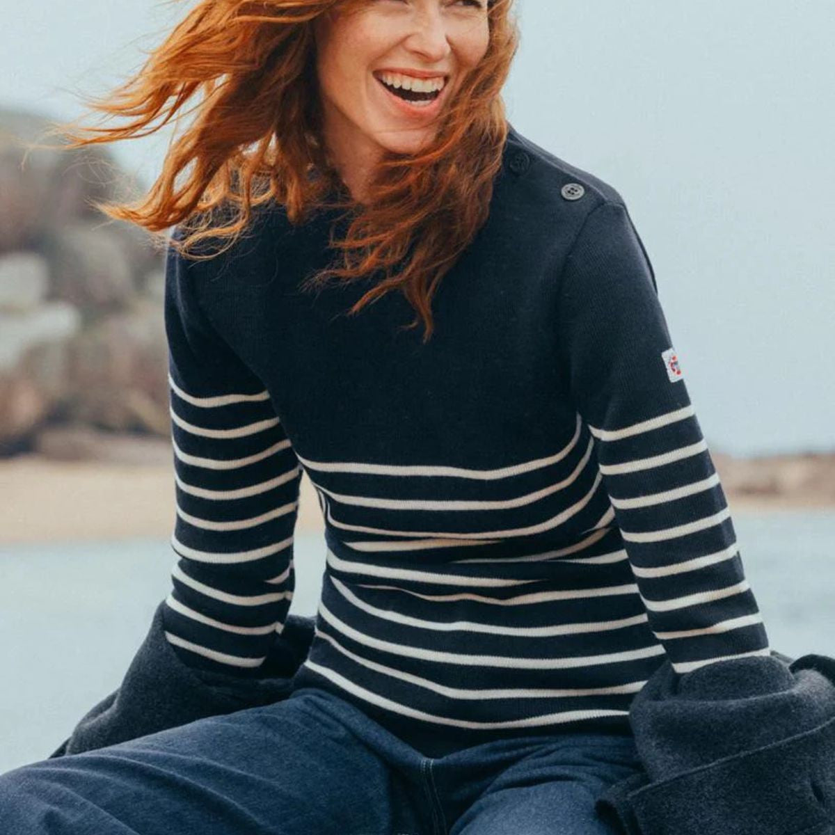 Pull marin rayé 100% laine bleu marine