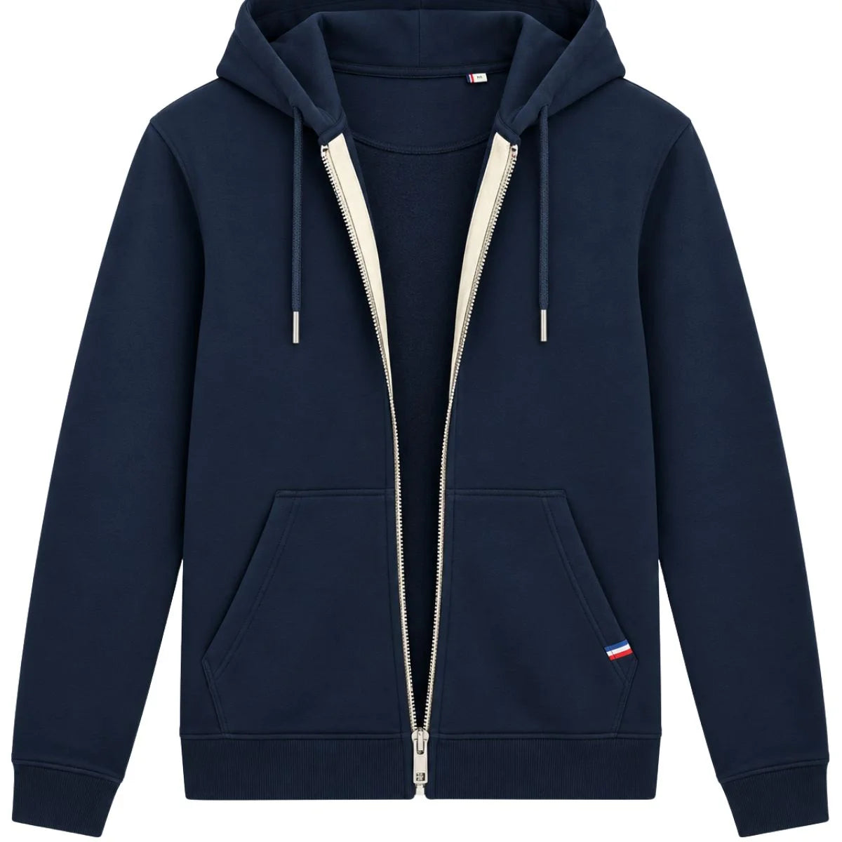 Sweat à capuche zippé homme bleu marine vu de face, fermeture ouverte, cordon à embouts métalliques et détail tricolore sur la poche