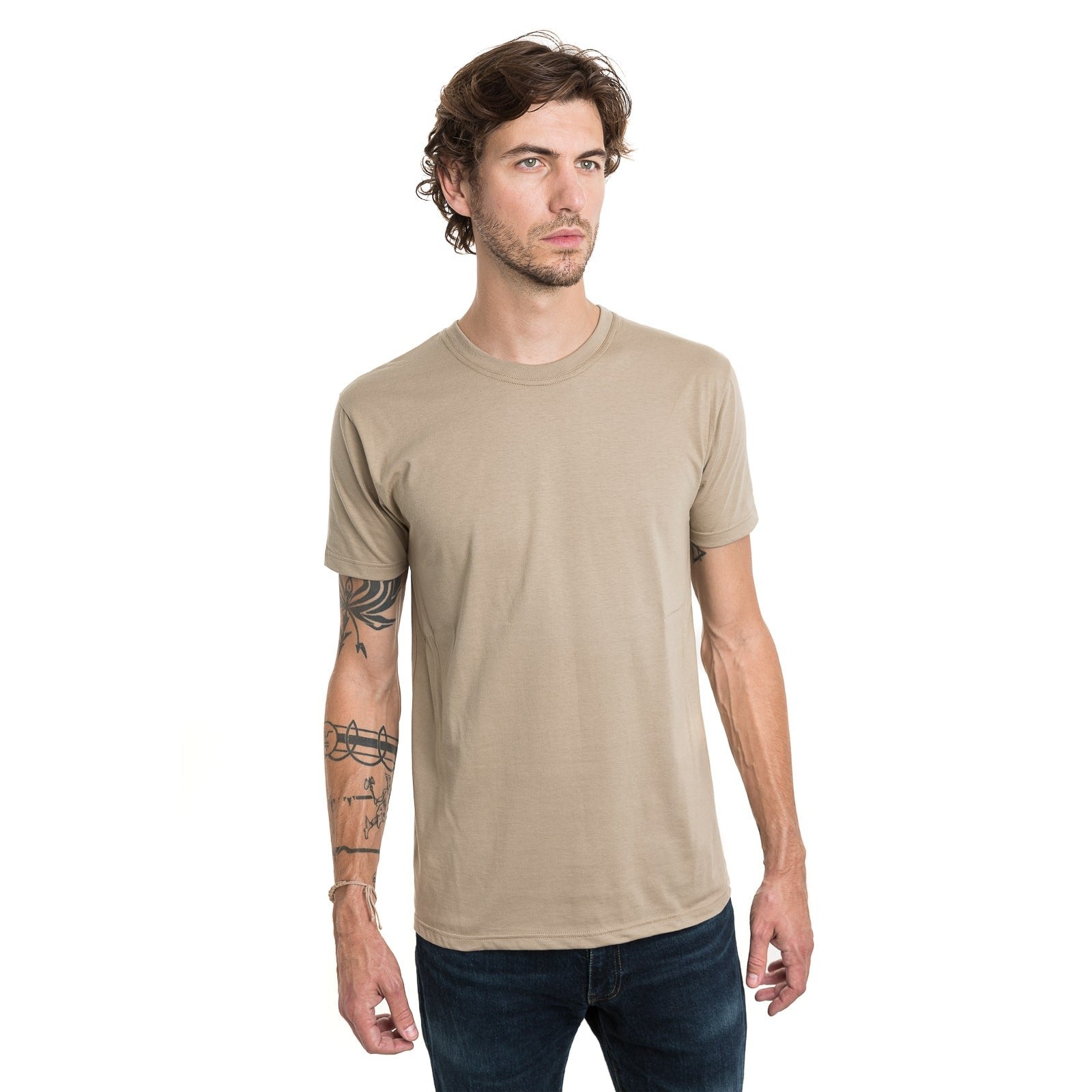 T-shirt homme uni beige à col rond en coton bio