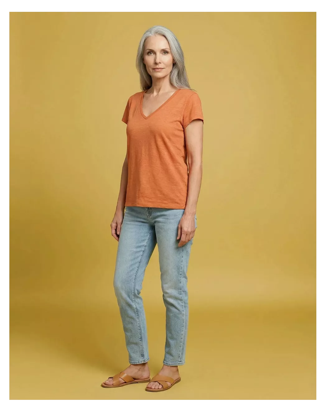 T-shirt en lin  Col V orange mandarine