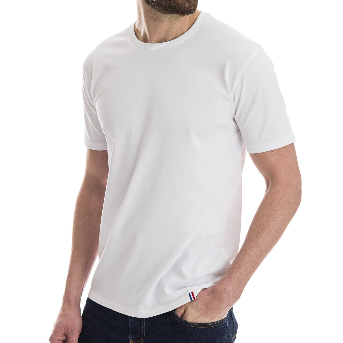 T shirt blanc homme col rond avec bords côtes