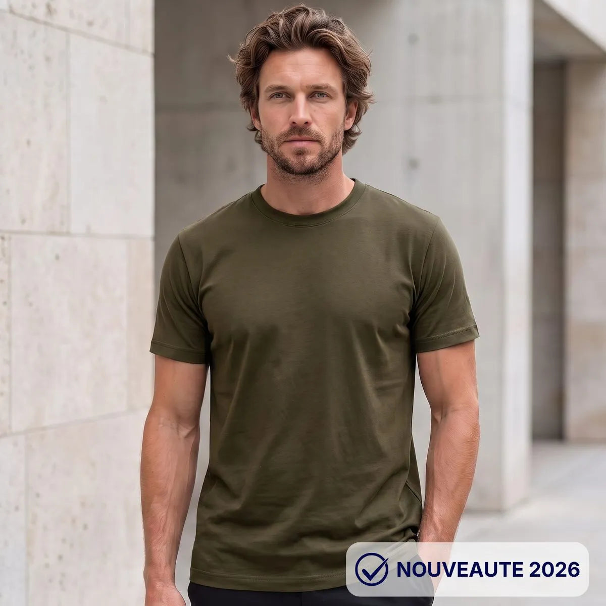 T SHIRT INTERLOCK POUR HOMME KAKI EN COTON BIO