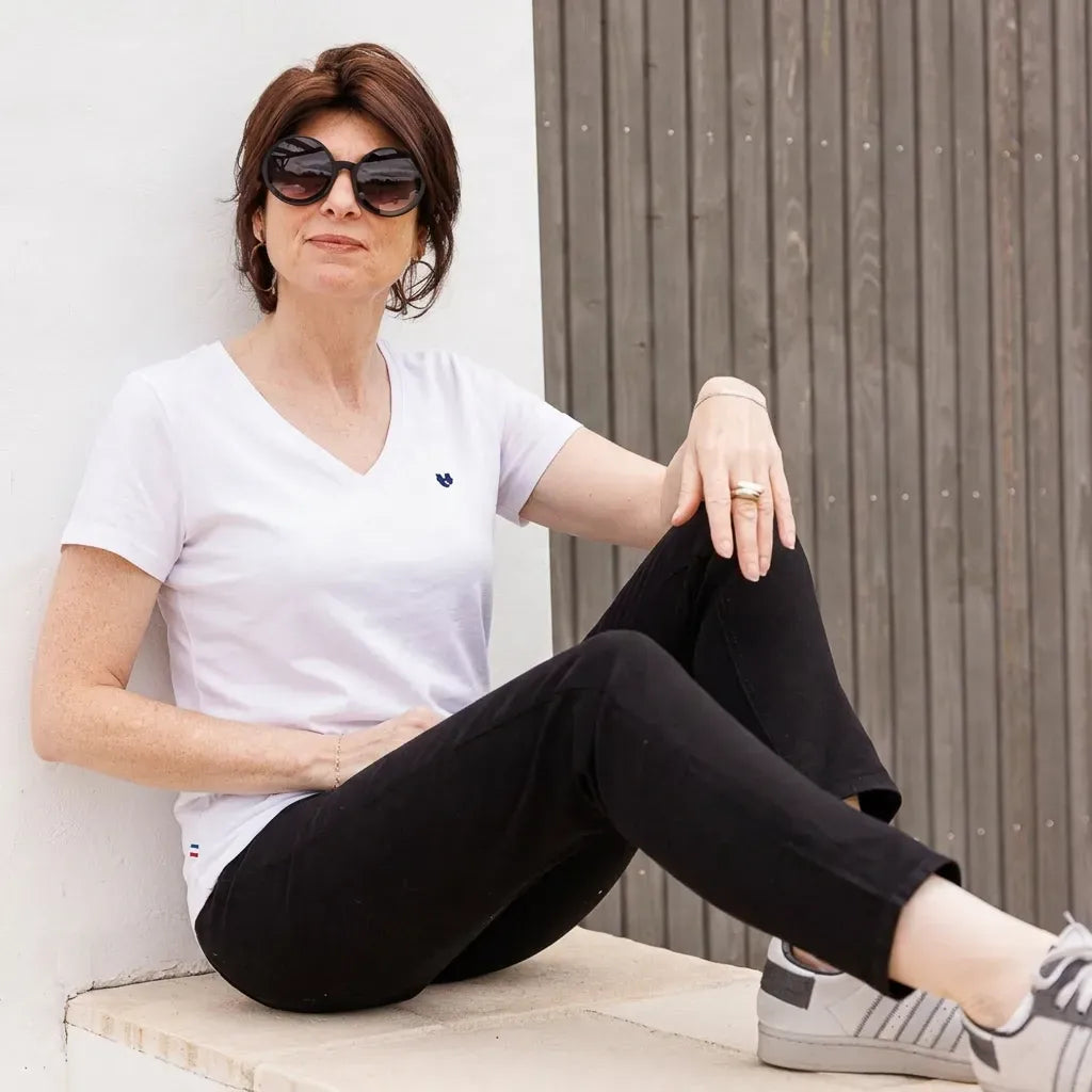 T shirt col V blanc femme | Coeur TEMP