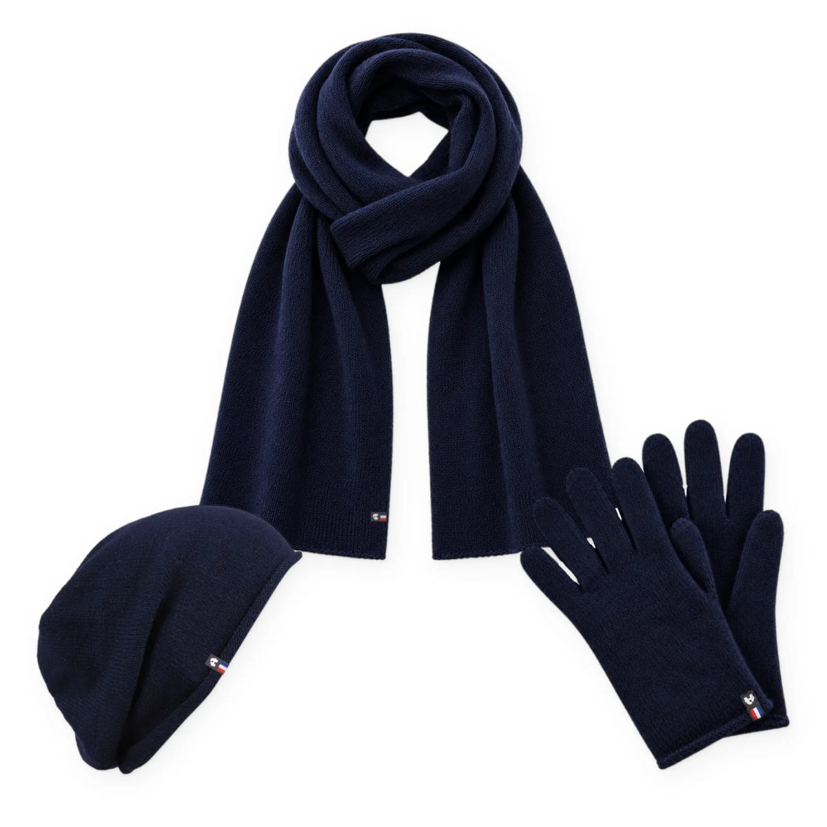 Trio cachemire femme coloris bleu marine : bonnet, écharpe et gants tactiles assortis