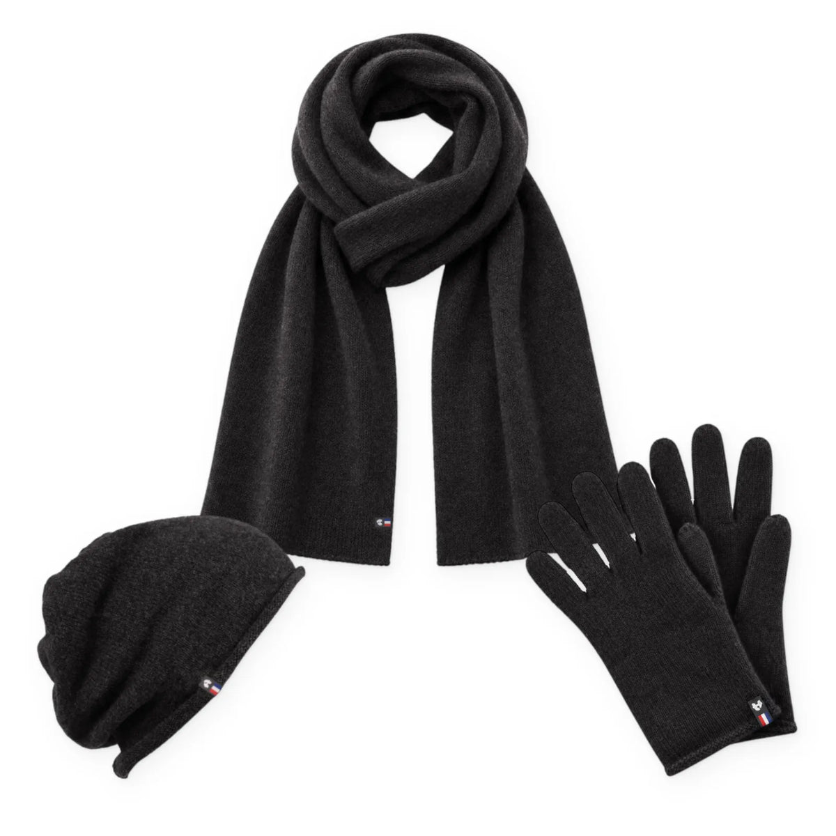 Trio cachemire femme coloris noir : bonnet, écharpe et gants tactiles assortis